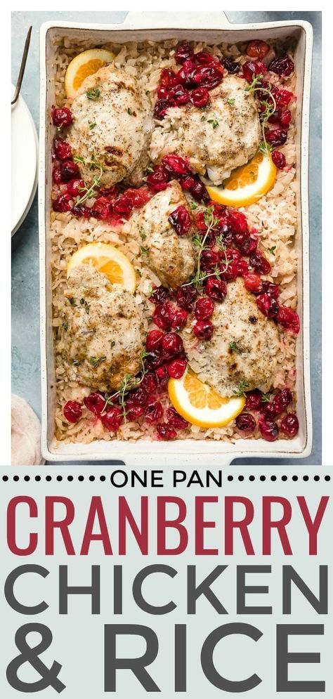 This Baked Orange Cranberry Chicken & Rice is made in just one pan and completely in the oven!  This juicy, tangy chicken with tart cranberries and fluffy rice is healthy, delicious and perfect for any occasion! #easy #cranberry #chicken #rice #recipe via @nospoonn Cranberry Rice, Fresh Cranberry Recipes, Cranberry Baking, Orange Baking, Cranberry Chicken, Fluffy Rice, Baked Chicken Tenders, Orange Cranberry, Croutons Homemade