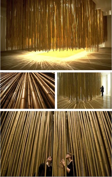 Vong Phaophanit. What falls to the ground but can’t be eaten. ‘tok tem dean kep kin bo dai’. Bamboo, (lead), steel and light, (dimensions variable). Bamboo Art Installation, Bamboo Structure, Bamboo Architecture, Different Kinds Of Art, Bamboo Light, Bamboo Art, Interactive Installation, Bamboo Wall, Interactive Art