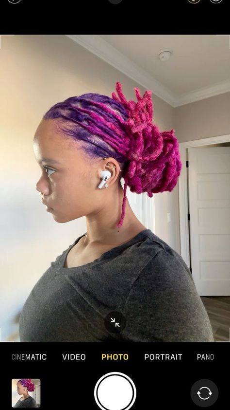 Pink And Black Locs Black Women, Cool Loc Styles, Dark Pink Locs, Pink Microlocs, Light Purple Locs, Hair Color For Locs, Hair Color Ideas For Locs, Pink And Purple Locs, Colored Dreads Black Women