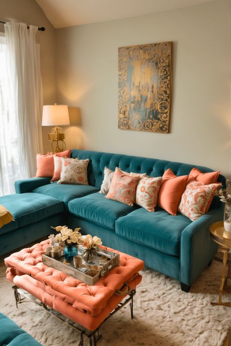 15 Teal Living Room Ideas Perfect for 2024 – The Crafty Hacks Teal Blue Sofa Living Room Ideas, Teal Couch Living Room, Teal Living Room Ideas, Teal Sofa Living Room, Coral Living Rooms, Teal Living Room, Blue Furniture Living Room, Beige Wall Colors, College Living Rooms