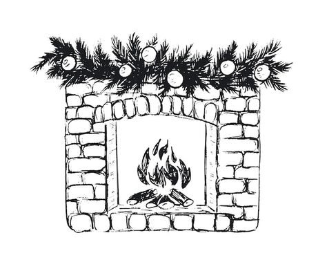 Christmas Fireplace Art, Fireplace Drawing Sketch, Winter Drawings Ideas, Christmas Drawing Sketch, Christmas Pen Drawing, Fireplace Doodle, Christmas Drawing Simple, Christmas Fireplace Drawing, Cute Christmas Sketches