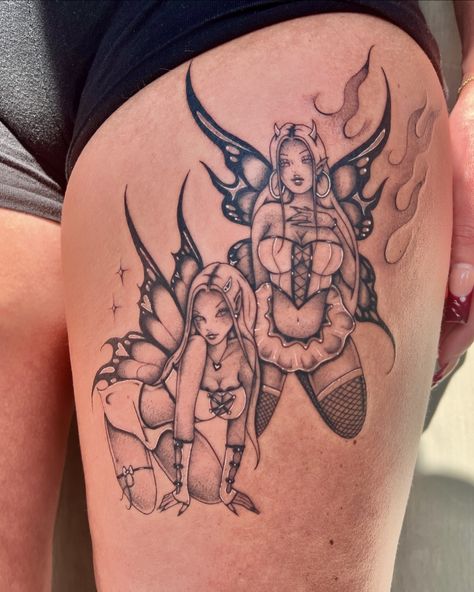 😇 Double Trouble 😈 #fairytattoo Skull Fairy Tattoo, Kid Tattoo Ideas, Naked Fairy Tattoo, Trouble Tattoo, Skull Fairy, Stick Poke, Tattoos 2024, Stick Poke Tattoo, Fairy Tattoo