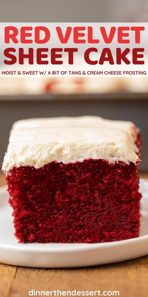 Red Velvet Sheet Cake is a party-sized crowd pleaser from scratch. #redvelvet #redvelvetcake #sheetcake #dessert #frosting #creamcheesefrosting #dinnerthendessert Red Velvet Texas Sheet Cake, Red Velvet Cake Sheet Cake, Single Layer Red Velvet Cake, Cake Decorating For Birthday, Homemade Red Velvet Cake Recipe Easy, Red Velvet Sheet Cake Recipe, Easy Red Velvet Cake Recipe, Red Velvet Sheet Cake, Red Velvet Cake Recipe Easy