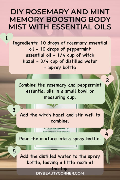 DIY Rosemary and Mint Memory Boosting Body Mist with Essential Oils Diy Body Spray With Fragrance Oil, Diy Body Mist, Rosemary Diy, Homemade Body Spray, Essential Oils For Memory, Diy Body Spray, Essential Oil Perfumes Recipes, Fall Essential Oils, Mint Essential Oil