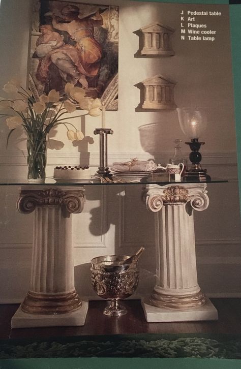 Grecian Aesthetic Decor, Roman Themed Bedroom, Grecian Home Decor, Statue Table, Roman Home Decor, Roman Room Decor, Greek Home Aesthetic, Roman Interior Design, Greek Decor Living Room