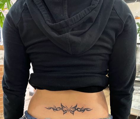 Backstamp Tattoo, Stamp Tamp Tattoo, Hot Lower Back Tattoos For Women, 2000s Lower Back Tattoo, Men’s Tramp Stamp, Tramp Stamp Car Decal, Taco Bell Tramp Stamp, Spine Tattoo Into Tramp Stamp, Spine Tattoo With Tramp Stamp