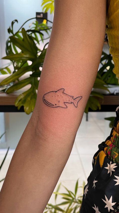 Silly Shark Tattoo, Marine Biologist Tattoo, Simple Whale Shark Tattoo, Funny Shark Tattoo, Small Whale Shark Tattoo, Minimal Shark Tattoo, Sea Creature Tattoo Ideas, Whale Shark Tattoo Design, Whale Shark Illustration