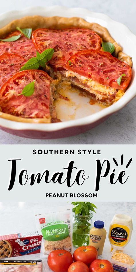 Use the best fresh tomatoes to make this buttery and cheesey Southern tomato pie with pimiento cheese filling. A sprinkle of fresh basil on top adds a burst of freshness. The pie can be enjoyed warm or room temperature and makes a great vegetarian dinner option for a potluck party. Southern Macaroni Salad, Peppered Bacon, Best Potluck Dishes, Southern Tomato Pie, Tomato Pie Recipe, Peanut Gallery, Store Bought Pie Crust, Pimento Cheese Recipes, Pimiento Cheese