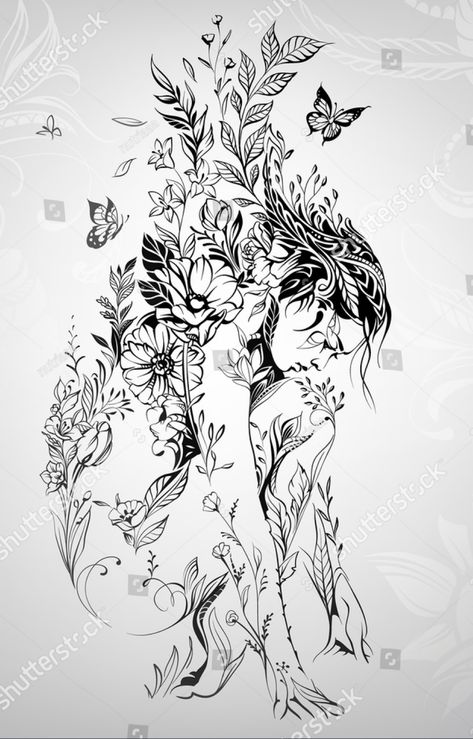 Foliage Tattoo, Butterfly Freedom, Tree Tattoo Black, Lady Sketch, Art Outline, Silhouette Tattoos, Tattoo Graphic, Flowers Butterfly, Plants Nature