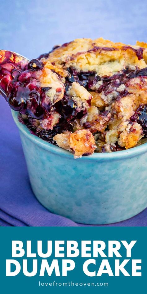 Quick & Delicious Blueberry Dump Cake • Love From The Oven Blueberry Dump Cake, Blueberry Dump Cake Recipes, 4 Ingredient Desserts, Easy Dump Cake Recipe, Blueberry Dump Cakes, Dump Cake Recipe, Canned Blueberries, Cheesy Hashbrowns, Hashbrown Casserole