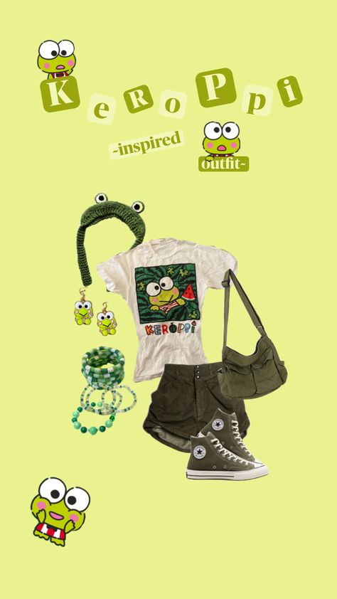 Keroppi inspired outfit! 🐸 #keroppi #hellokitty #sanrio #hellokittyandfriends #cute #kawaii #outfit #grunge #green #fashion #inspo #inspiration #fashioninspo #outfitinspo #frog #froggy #froggie Kawaii Outfit, Outfit Grunge, Cute Kawaii, Green Fashion, Fashion Inspo, Green, Kawaii