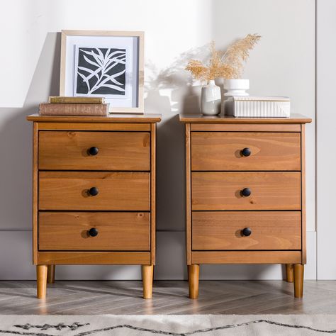 This set of mid-century modern three-drawer wood nightstands is the answer to your bedside needs. Three Drawer Bedside Table, Bedside Table 3 Drawer, Simple Wood Nightstand, Modern Rustic Nightstand, Nightstands For Tall Beds, Mid Century Modern Bedroom Nightstands, 30 Inch Tall Nightstand, Small Dresser As Nightstand, Dressers As Night Stands