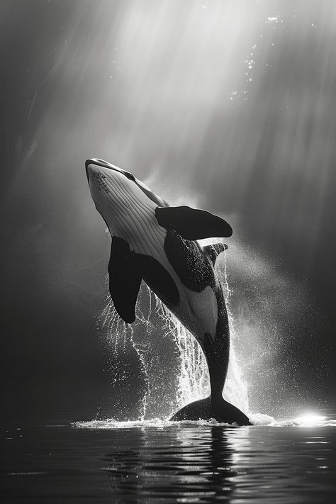 Artistic Image: Killer Whale Jumping from Water Water Animals Wallpaper, Marine Life Black And White, Black Animal Aesthetic, Orca Art Wallpaper, Killer Whale Aesthetic, Orca Photography, Whale Jumping Out Of Water, Orca Painting, Whale Photo