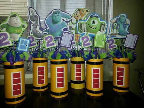 Centerprises I made for my sons 2nd birthday party=] Monsters University Centerpieces, Monsters Inc Birthday Centerpieces, Monsters Inc Birthday Party Centerpieces, Monsters Inc Party Centerpieces, Monsters Inc Centerpieces Diy, Monsters University Party Ideas, Monsters Inc Table Decorations, Monsters Inc Diy Decorations, Monster Inc Centerpieces