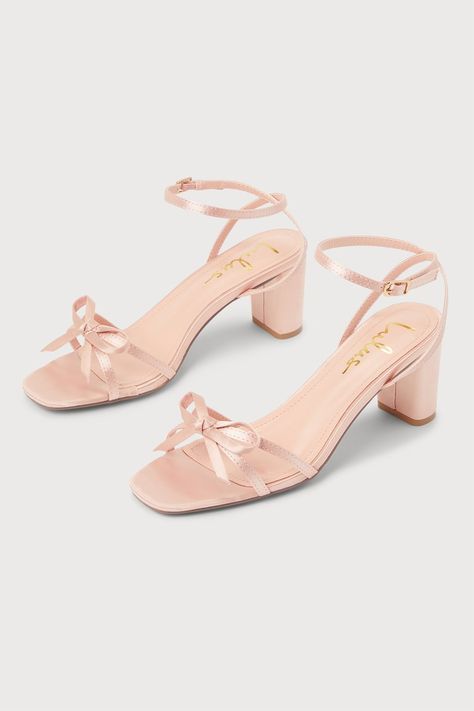 Grad Heels, Pink Prom Shoes, Light Pink Heels, Ribbon Heels, Rose Gold Satin, Heels Aesthetic, Dr Shoes, Rush Dresses, Short Heels