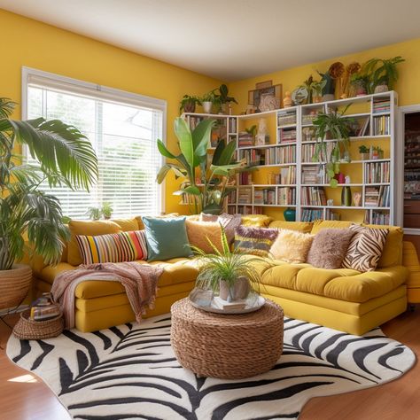 My Images Yellow Eclectic Living Room, Yellow Home Accents, Yellow And Brown Living Room Ideas, Yellow Living Room Aesthetic, Conservatory Room, Yellow Walls Living Room, Bohemian Home Office, Yellow Couch, Karaoke Room