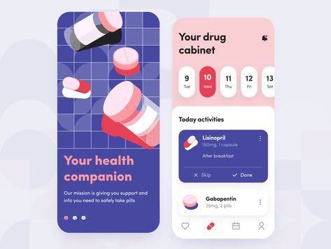 Medicine Reminder - Mobile app concept  Hello guys  How many times have you missed your medication? And how badly could it affect your health?  To avoid such problems it is now fashionable to use reminders. In particular there are separate applications for medications where you can add the ones you need make a consumption schedule and monitor your health right on the phone. I made the concept of such an application clean and illustrated to make it look more modern  Thank you for your attention a Medicine Reminder App, Medicine Reminder, Application Ui Design, Reminder App, Ui Design Mobile, Ui Ux 디자인, Web Illustration, Medical App, Web Design Mobile