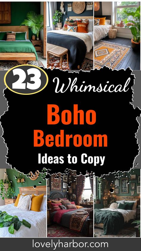 23 Whimsical Moody Boho Bedroom Ideas To Copy Witchy Boho Bedroom, Low Wooden Bed Frame, Whimsical Bedroom Adult, Moody Boho Bedroom, Dark Boho Bedroom, Moody Boho, Large Woven Wall Hanging, Boho Textiles, Rustic Wooden Furniture