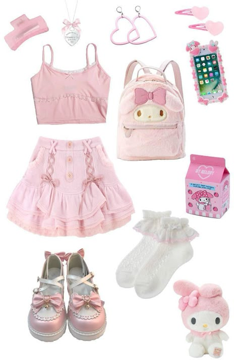 Kawaii Outfit Board, Shein Kawaii Outfits, Sanrio Themed Outfits, Sanrio Core Outfits, Sanrio Outfit Aesthetic, My Melody Outfit, Sanrio Outfits, Monster High Cosplay, Cute Pink Outfits