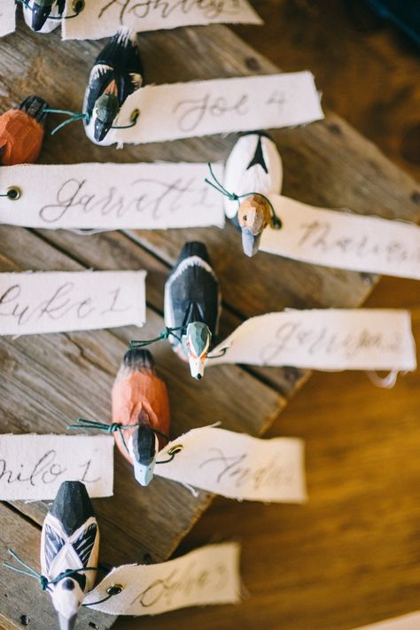 Duck Feather Bowtie Wedding Ideas, Duck Centerpieces Wedding, Mallard Duck Color Palette, Hunting Wedding Favors, Duck Hunting Party Favors, Hunting Lodge Wedding, Duck Decoy Centerpiece, Duck Theme Wedding, Duck Wedding Decor