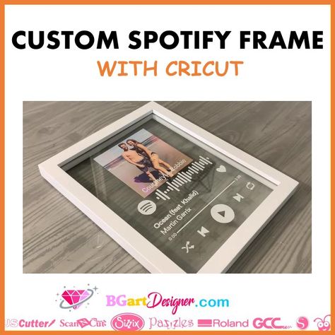 Cricut Spotify Project, Picture Frame Cricut Ideas, Spotify Code Gift Ideas, Spotify Frame, Clear Picture Frames, Adhesive Vinyl Projects, Rhinestones Designs, Cricut Ornaments, Cricut Hacks