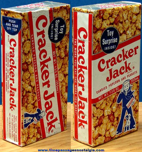 ©1960 Cracker Jack Pop Corn Confection Box - Candy Copated Popcorn, Peanuts and a Prize...That's What You Get With Cracker Jacks! Jack Pop, Cracker Jack, Cracker Jacks, Childhood Memories 70s, Retro Candy, Childhood Days, Vintage Candy, Vintage Memory, Oldies But Goodies