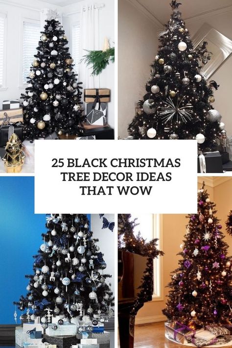 black christmas tree decor ideas that wow cover Black Christmas Tree Decor, Black Xmas Tree, Black Christmas Tree Decorations, Black Christmas Decorations, Black Christmas Tree, Christmas Tree Decorating Ideas, Christmas Tree Decor Ideas, Tree Decor Ideas, Tree Decorating Ideas