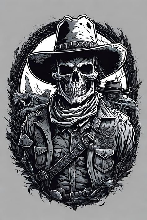 Western Skeleton Drawing, Skeleton Cowboy Drawing, Gangsters Drawings, Cowboy Art Drawing, Gunslinger Tattoo, Cowboy Sleeve Tattoo, Cowboy Skull Tattoo, Skeleton Tattoo Ideas, Cholo Tattoo