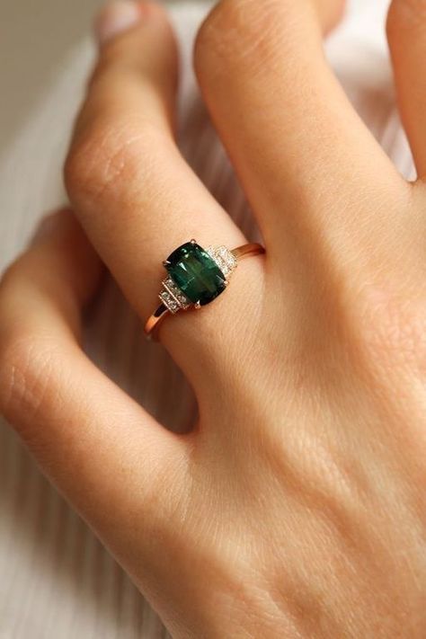 Accent Stones Engagement Ring, Multicolor Engagement Ring, Emerald Cut Sapphire Engagement Ring, Emerald Ring Design, Emerald And Diamond Engagement Ring, Different Engagement Rings, Green Engagement Rings, Art Deco Engagement Rings, Sapphire Jewellery