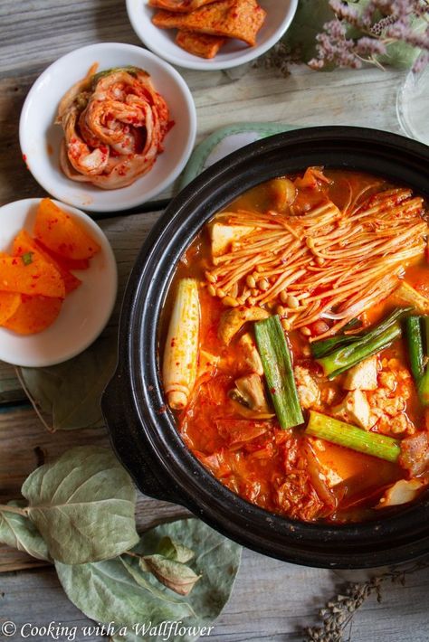 Korean Style Spicy Vegetable Tofu Soup - Cooking with a Wallflower Spicy Tofu Soup, Korean Tofu, Korean Vegetables, Korean Chili Flakes, Tofu Soup, Napa Cabbage, Chinese Cabbage, Dinner At Home, Sliced Mushrooms