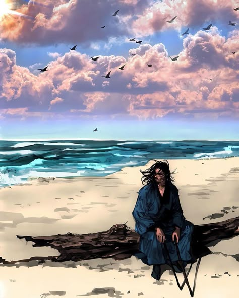 Miyamoto Musashi sitting on a log, on the beach. Cloudy sky with birds flying all under it Vagabond Colored Panels, Vagabond Manga Colored, Vagabond Colored, Vagabond Anime, Vagabond Art, Manga Samurai, No Enemies, Miyamoto Musashi Art, Artwork Aesthetic