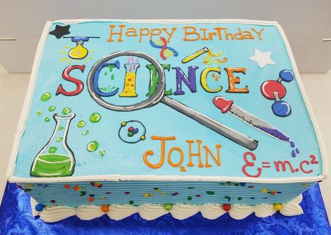 Buttercream drawn science themed birthday cake with primary color sprinkles along the sides Science Cakes Birthday Boys, Science Themed Cake, Science Birthday Cake, Science Cake, Science Party Decorations, Science Birthday Party Ideas, Birth Cakes, Dj Cake, Scientist Birthday Party