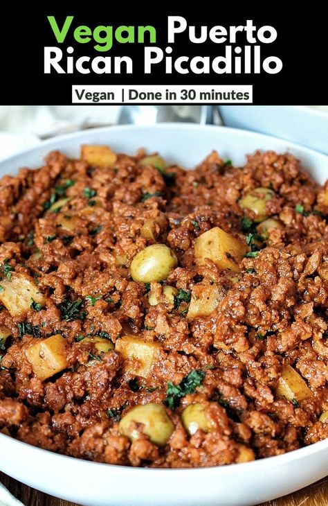 Bring BIG flavor to your dinner table with Vegan Puerto Rican Picadillo, or vegan spiced “ground beef.” Made with vegan ground “beef” spices, potatoes, tomato sauce, and Spanish green olives. #easymeals #groundbeefrecipes #vegan #meatless Vegan Picadillo Recipe, Plant Based Beef Recipes, Vegan Spanish Food, Vegan Ground Meat Recipes, Vegetarian Puerto Rican Food, Vegan Latin Recipes, Plant Based Ground Beef Recipes, Vegan Puerto Rican Recipes, Meatless Ground Beef Recipes