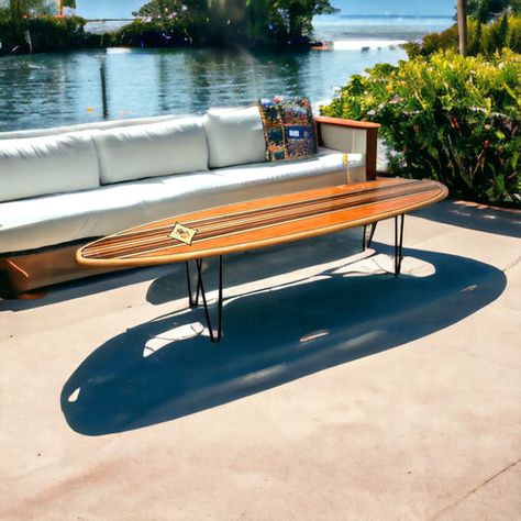 Coffee Table Coastal, Surfboard Table, Surfboard Coffee Table, Beach House Furniture, Beach Theme Living Room, Wood Surfboard, Tropical Wall Decor, Surfboard Decor, Beach Furniture