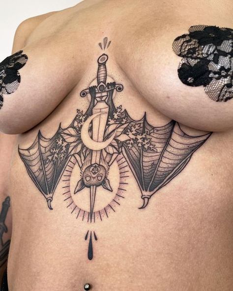 Bat Dagger Tattoo, Bat Tramp Stamp, Bat Sternum Tattoo, Women Sternum Tattoo, Sternum Tattoos For Women, Mandala Sternum Tattoo, Tattoo Frau, Tattoo Therapy, Sternum Tattoos