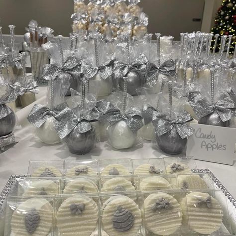 25th Wedding Anniversary Party Ideas Silver Dessert Tables, White And Silver Treats, Silver And White Dessert Table, Silver Dessert Table Ideas, Disco Themed Snacks, Silver Sweet 16 Decorations, Disco Dessert Table, Diamond Jubilee Theme Party, White And Silver Birthday Decorations