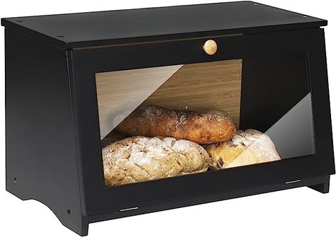 Amazon.com: HOMEKOKO Wood Bread Box for Kitchen Counter, Single Layer Bamboo Large Capacity Food Storage Bin (BLACK): Home & Kitchen Rustic Bread Boxes, Plexiglass Window, Hall Tree Storage Bench, Bread Holder, Wooden Bread Box, Bread Container, Rustic Bread, Bread Storage, Food Storage Container Set