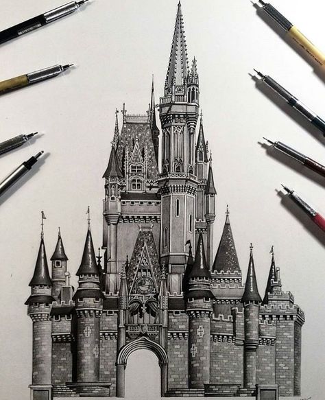 Disney Castle Tattoo Design, Castle Drawing Sketches Design Reference, Valhiem Castle, Disney Castle Sketch, Disney Castle Art, Disney Castle Drawing, Disney Castle Tattoo, Castle Sketch, Disney World Castle