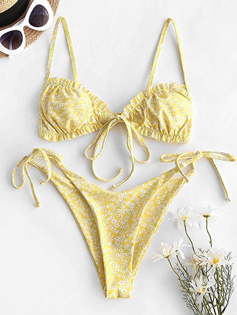 ZAFUL Women's Ditsy Floral Printed Swimsuit Underwired Knotted String Triangle Bikini High Cut Cheeky Bikini Set Zaful Bikinis, Summer Bikinis, Cute Bikinis, Pastel Yellow, Cheeky Bikinis, Ditsy Floral, High Cut, Pharmacy Gifts, Floral Printed