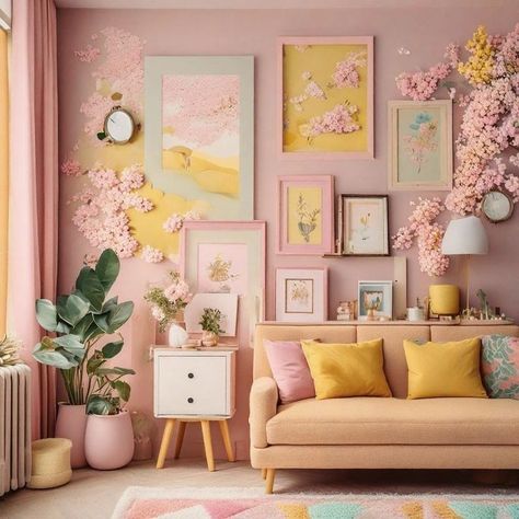 Pink Wall Living Room, Pink Washroom, Pink And Yellow Living Room, Casual Living Room Ideas, Pink And Yellow Room, Dorm Themes, Summer Interior, Art Studio Room, Yellow Room