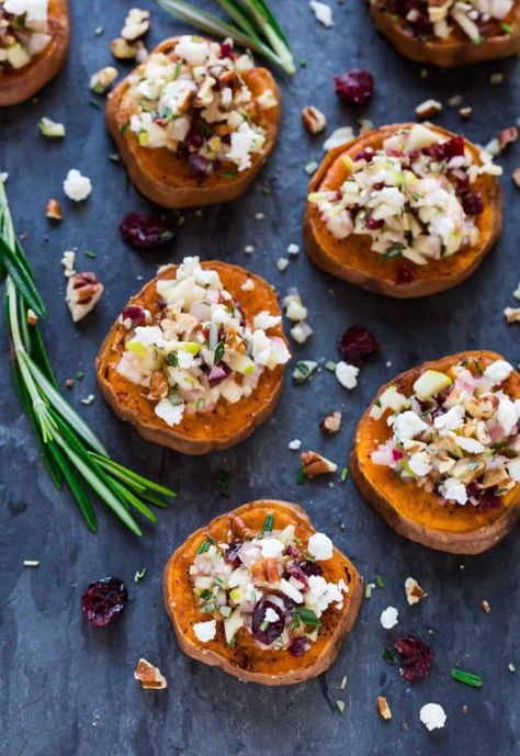 Goat Cheese Cranberry, Sweet Potato Appetizers, Potato Appetizer, Sweet Potato Rounds, Potato Calories, Smashed Sweet Potatoes, Potato Rounds, Beautiful Brunch, Well Plated