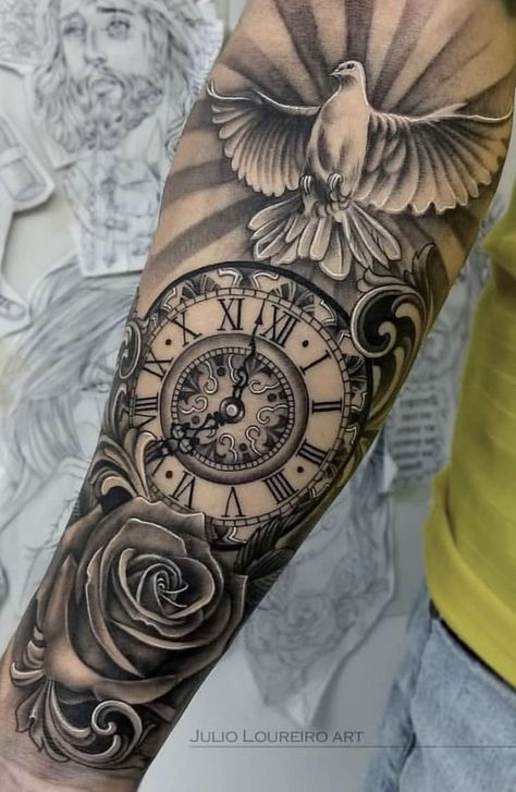 Dove Clock Tattoo Design, Men Clock Tattoo Ideas Forearm, Dove With Clock Tattoo, Clock Tattoo Sleeve Men, Dove Sleeve Tattoo For Men, Rose And Dove Tattoo For Men, Rose And Clock Tattoo For Men, Clock And Dove Tattoo Design, Clock Dove Rose Tattoo