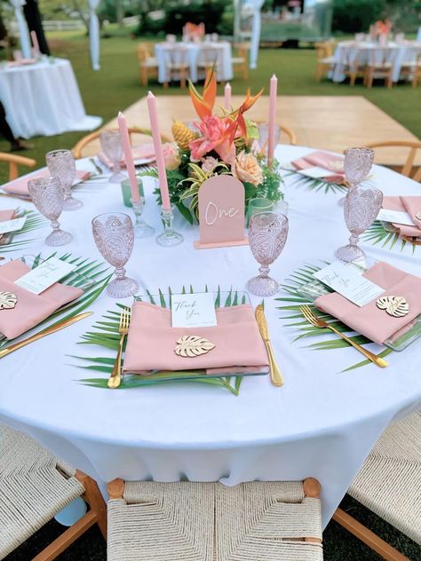 Tropical Party Table Setting, Tropical Wedding Table Decor Place Settings, Light Pink Tropical Wedding, 30a Elopement, Tropical Table Decor, Palm Beach Party, Coconut Wedding, Tropical Tablescape, Hibiscus Wedding