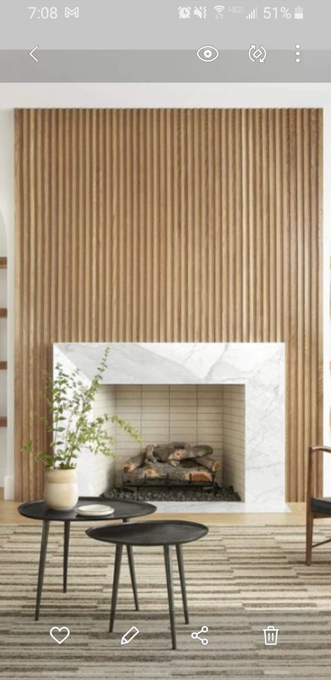 Mid Mod Fireplace, Fluted Tile Fireplace, Wood Slat Fireplace, Wood Slat Fireplace Wall, Tile Around Fireplace, Mid Century Fireplace, Interior 2024, Curved Fireplace, Fireplace Feature