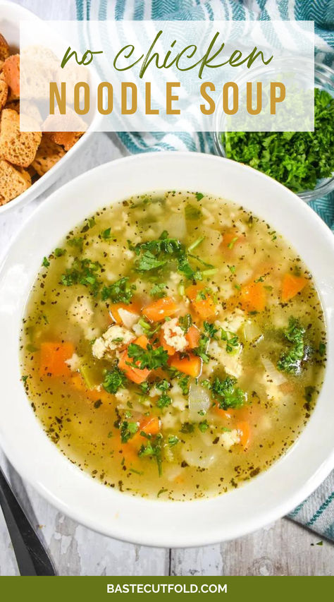 This vegetarian "no chicken noodle" soup recipe provides a meatless alternative to traditional chicken noodle. Vegetarian Chicken Dumpling Soup, Chicken Noodle Soup With Broccoli, Plant Based Chicken Noodle Soup, No Noodle Chicken Soup, Vegan Chicken Noodle Soup Crockpot, Chicken Noodle Soup Vegetarian, Vegetarian Chicken Soup, Meatless Chicken Noodle Soup, Vegetarian Sick Soup