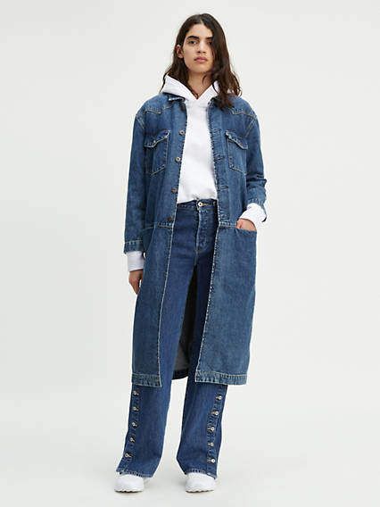 Levi's Western Trench Coat Cowboy Trench Coat, Levi's Denim Fall Outerwear, Winter Denim Long Coat, Long Denim Jacket Outfit, Denim Coat Outfit, Denim Trench Coat Outfit, Long Denim Trench Coat, Duster Outfit, Long Denim Coat