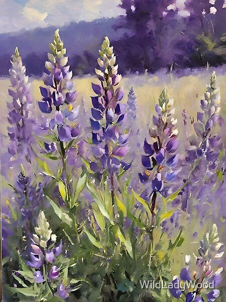 Field of lilac lupins, in acrylic art style. by WildLadyWood | Redbubble Wild Flower Field Painting, Lupine Painting, Field Of Flowers Painting, Pretty Field, Lilac Art, Lilac Painting, Lupine Flowers, Wildflower Paintings, Pastel Landscape