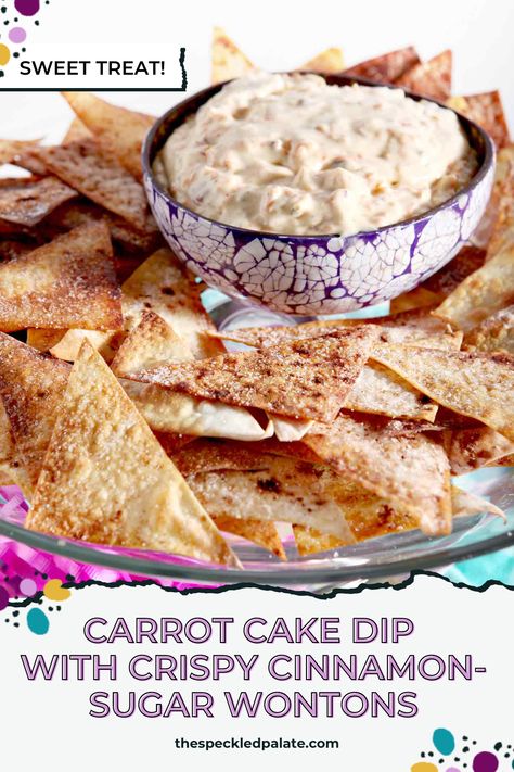 Love carrot cake, but don't want to turn on the oven? Transform some familiar ingredients into a creamy dip to serve alongside cinnamon-sugar chips! This dessert dip is one-of-a-kind and SO tasty for so many occasions. #EasyEntertaining #SpeckledPalate Cinnamon Dip For Apples, Cinnamon Chips And Dip, Desserts With Cinnamon Toast Crunch, Apple Pie Dip With Cinnamon Sugar Chips, Dip For Cinnamon Pita Chips, Carrot Cake Dip, Cinnamon Pita Chips, Cinnamon Carrots, Springtime Recipes