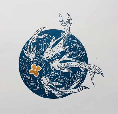 Koi Block Print, Koi Fish Linocut, Koi Linocut, Koi Fish With Cherry Blossom, Fish Linocut, Cute Linocut, Lino Print Artists, Lino Cut Ideas, Linocut Artists