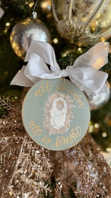 Painted Cross Ornament, Yearly Christmas Ornaments, Nativity Painted Ornament, Nativity Diy Ornaments, Painted Acrylic Ornaments Diy, Church Ornaments Diy, Grandma Ornament Diy, Advent Ornaments Diy, Hand Painted Nativity Ornament